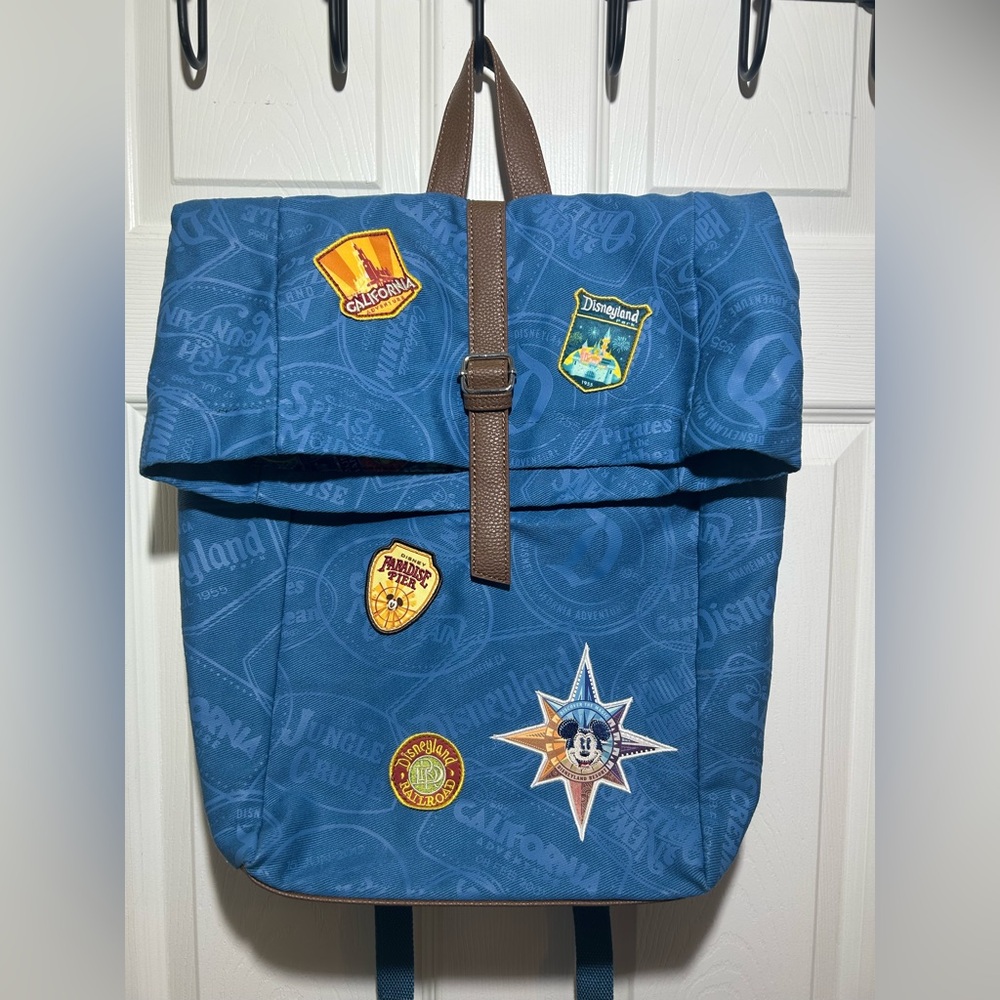 Disney World Passport Fold Over Backpack Rucksack w/ Disney Park Patches